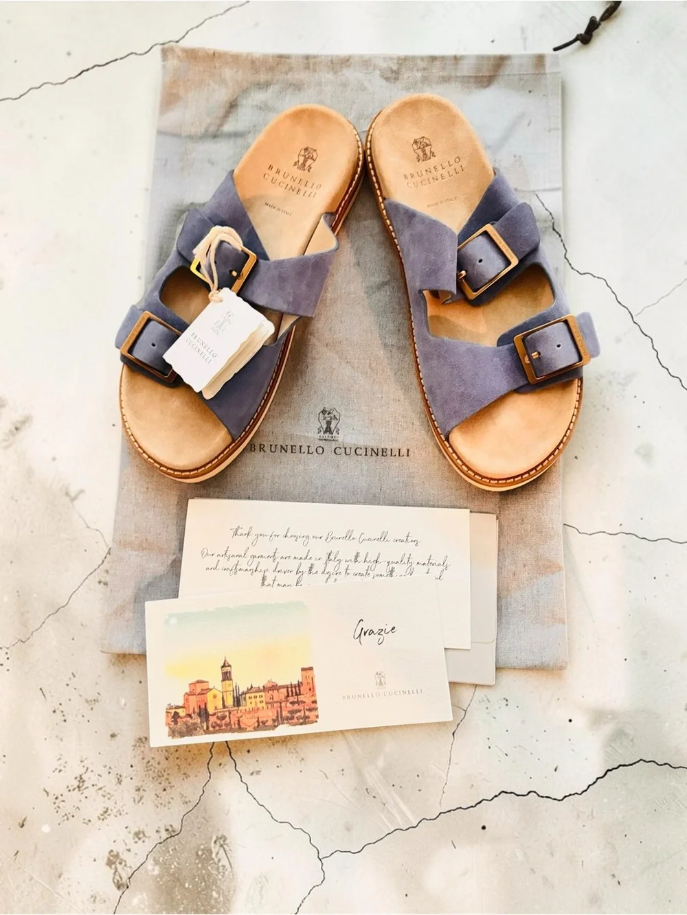 Brunello Cucinelli Suede Double-Buckle Slides in Dusty Blue